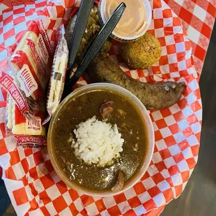 Chicken and Sausage Gumbo, Butt Burner Boudin Link, and Boudin Ball