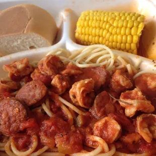 Shrimp and sausage spagetti lunch plate. Yummy!