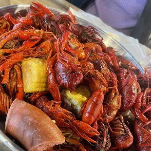 crawfish, corn, sausage