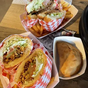 Oyster poboy, hot link sandwich, crawfish pie