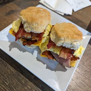 Biscuits with egg cheese bacon and ham time two