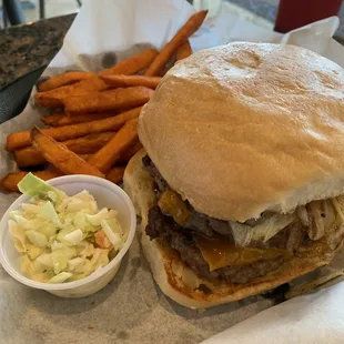 Texas Barbecue Burger with coleslaw and sweet potato fries
