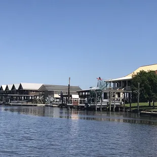 View of the cabins and the owners house with the gold roof.