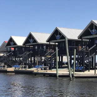View of the cabins from the boat coming up the channel.