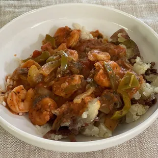Shrimp Creole over rice and potatoes