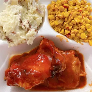 BBQ chicken with corn and mashed potatoes