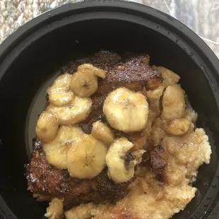 Another view of the whiskey bread pudding with banana.