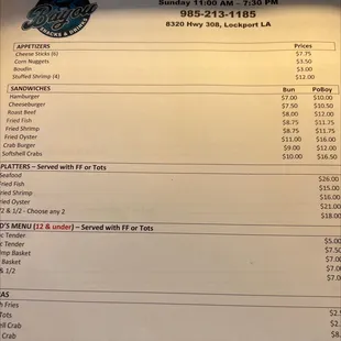 the price list for the restaurant