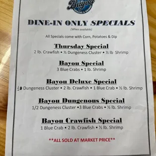 Dine in specials 3/23/23