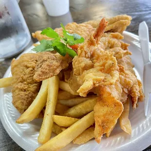 2 piece catfish. 2 piece shrimp. Fries.