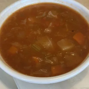 Cabbage soup was cold. Waitress brought back after throwing it in the microwave, was scalding hot then