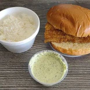 Fried Whitefish Sandwich and tartar sauce with white rice for the gumbo