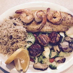 Grilled seafood platter.  All cooked properly and good flavor.
