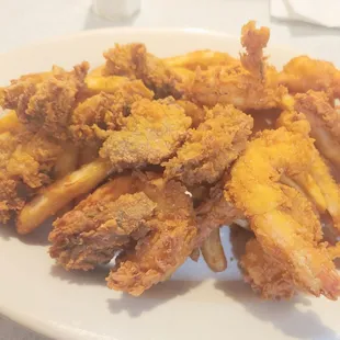 Flour-fried shrimp and oysters. $25 out the door with tea and a tip.