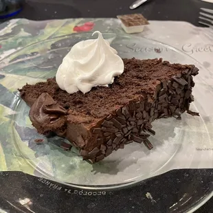 a slice of chocolate cake with whipped cream