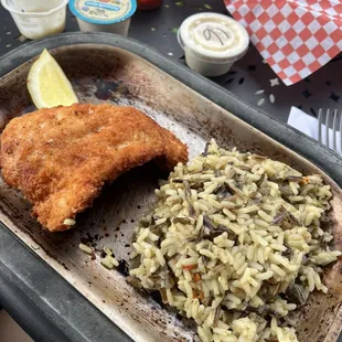 fried walleye with rice pilaf
