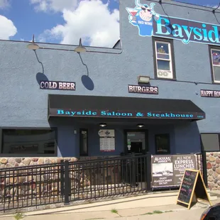 Front of the building, view looking east, towards the river.
