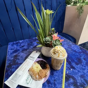 Caramel frappe and danish pastry