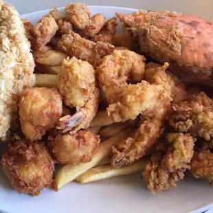 Seafood Platter: catfish, scallops, crawfish tails, shrimp, oysters, and stuffed crab.