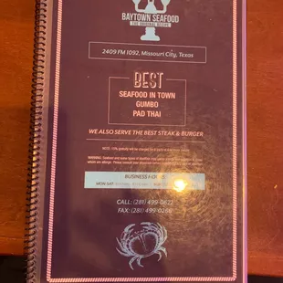Front of menu