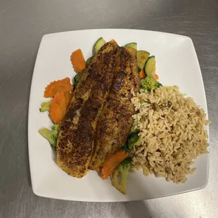 Blackened grilled catfish with dirty rice and grilled veggies