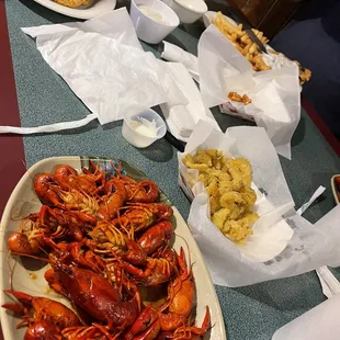 Craw fish,fried dill pickles, and Chicken fried steak.