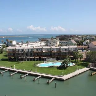 Great location! On the shipping channel in the heart of Port Aransas.  Marina with boat slip rentals and fishing pier.