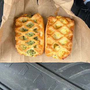 Spinach feta on the left Leek Parmesan on the right.
