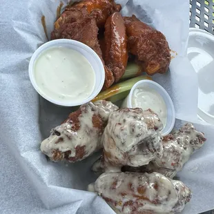 Wings half garlic parm and half buffalo