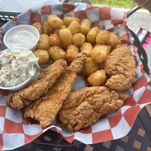 Tenders, Cole slaw and tots