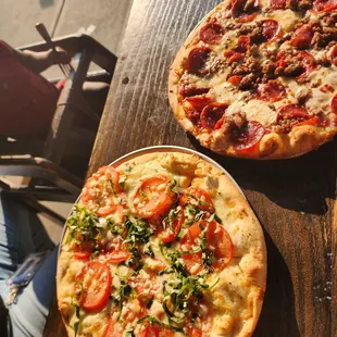 Margherita and sausage/pepperoni pizza