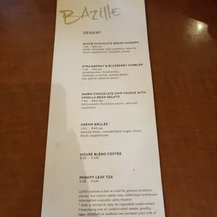 Dessert menu