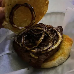 Steak Sandwich (medium rare) with Grilled Onions.