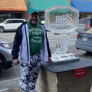 Ice sculpture by Bazil pub. It&apos;s cold, so this is good idea.