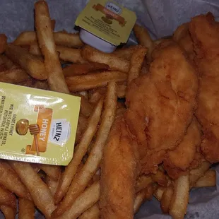 Chicken tenders and fries.