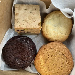 Fudge round, Oatmeal Cream Pie, Lemon Raspberry cookie sandwich, Cranberry Pistachio Blondie