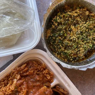 Fufu, Egusi (Melon) soup, + Jollof Rice