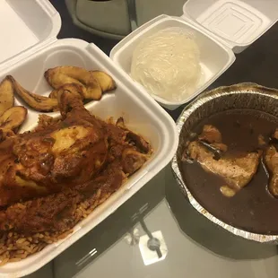 Jollof Rice with chicken, Plantains, fish pepper soup and Fufu