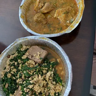 Okra soup with goat, Egusi soup with beef