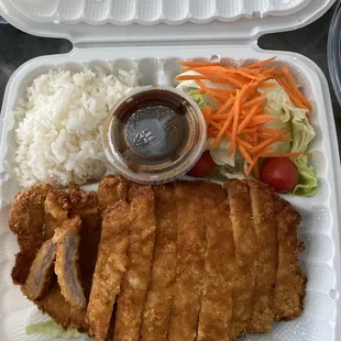 Tonkatsu , huge portion, moist and not greasy.