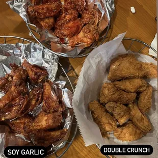 Soy garlic, wings of fire, and double crunch wings