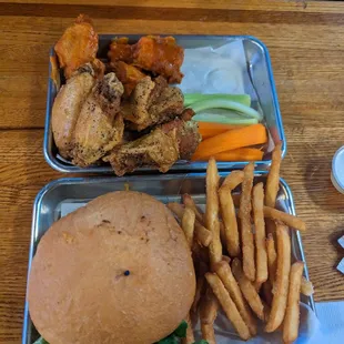Steakhouse burger with fries. Lemon pepper and buffalo medium wings.