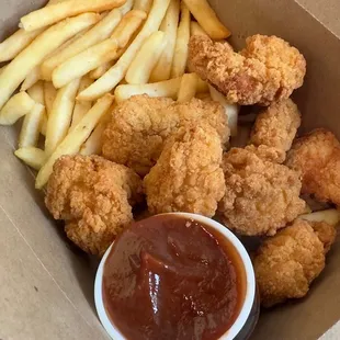 Popcorn chicken and fries