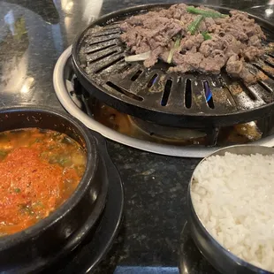 Succulent Bulgogi and sticky rice for your fat face. That soup...no idea what it is, but BAYAM!!!  So good and spicy.