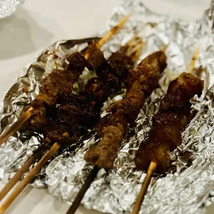 Skewers: includes ribeye, hearts, tendon, lamb