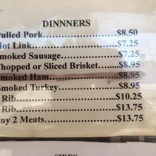 menu for pulled pork, hot link, smoked sausage, chopped ham and smoked turkey