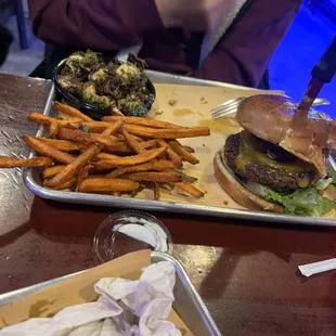 Burnt End Burger with Sweet Potato Fries and Roasted Bacon Brussels Sprouts