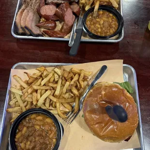 3 meat Brisket, Rib-tip, and Hot Sausage platter and a Burnt-End burger platter