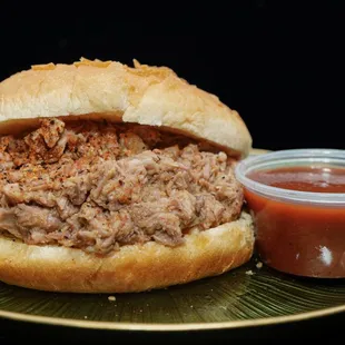 Chopped Brisket with homemade bbq sauce on the side