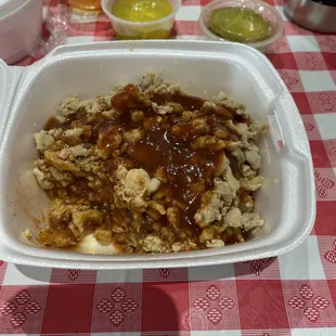 Open faced chopped BBQ chicken sandwich